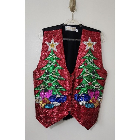 Women's Vintage Christmas Vest Sequins Party Festival Holiday Trees Handcrafted - Picture 1 of 9